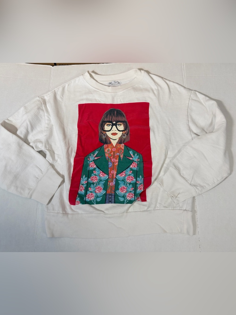 Zara White Sweatshirt Graphic Floral Blazer Illustration Size S